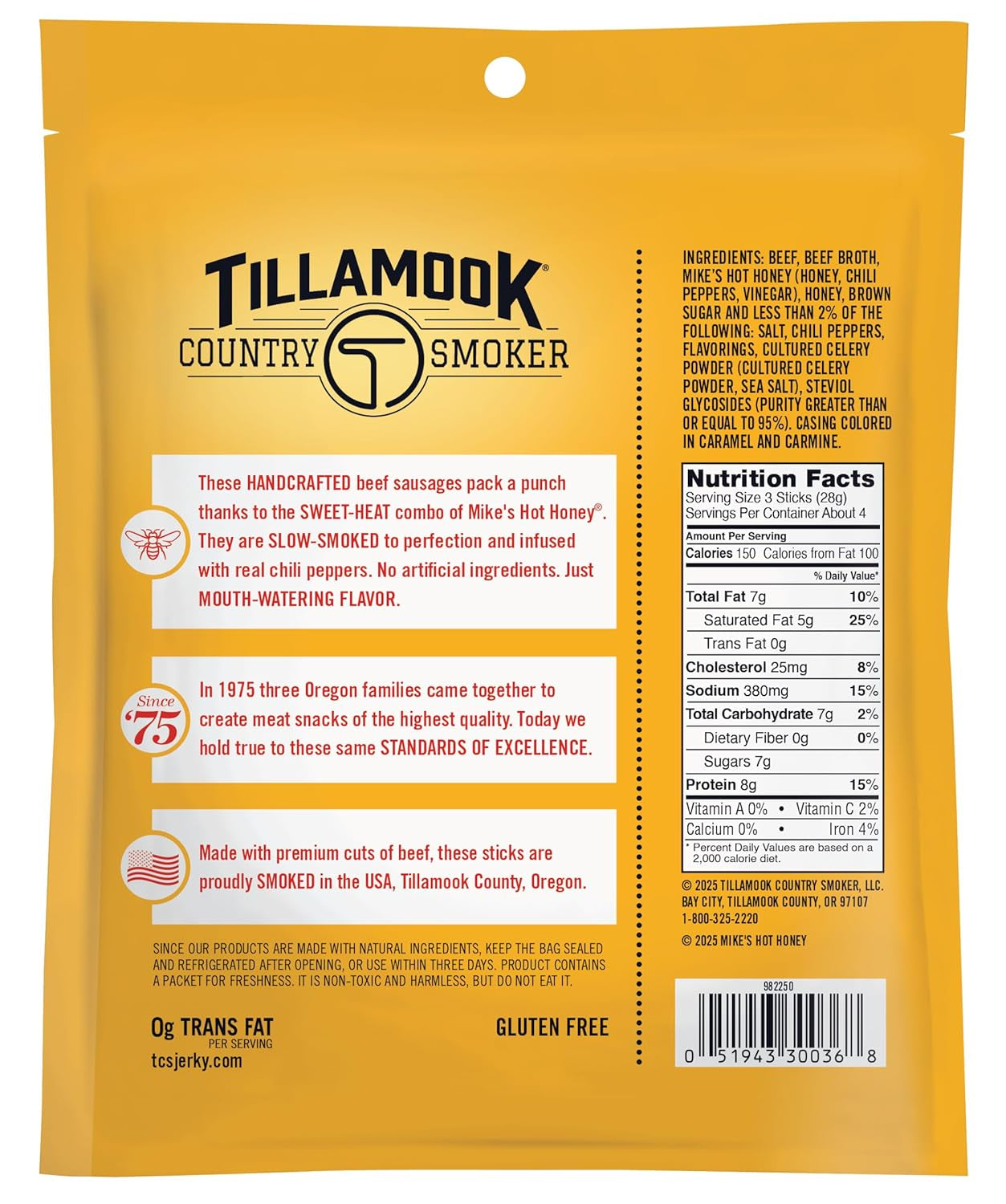 Tillamook Country Smoker 100% Premium Beef Smoked Sausage, Mike'S Hot Honey, 3.6 Ounce, Real Hardwood Smoked Sausages, Low Carb, High Protein, Ready to Eat Sweet & Spicy Snack