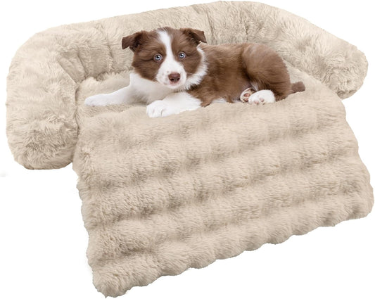 GGIB Dog Couch Cover Calming Plush Dog Bed Mat for Furniture Sofa Protector Washable Removable Cover for Large Medium Small Dogs and Cats Camel S