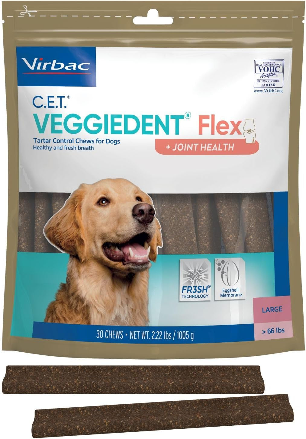 Virbac C.E.T.® VEGGIEDENT® Flex Tartar Control Chews for Dogs - Multifunctional to Support Joint Health, VOHC Approved - Large Dogs over 66Lbs