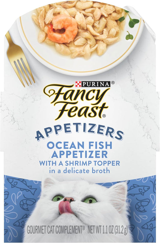 Purina Fancy Feast Lickable Appetizers Grain Free Wet Cat Food Topper Ocean Fish Appetizer with a Shrimp Cat Food Topper - (Pack of 10) 1.1 Oz. Trays