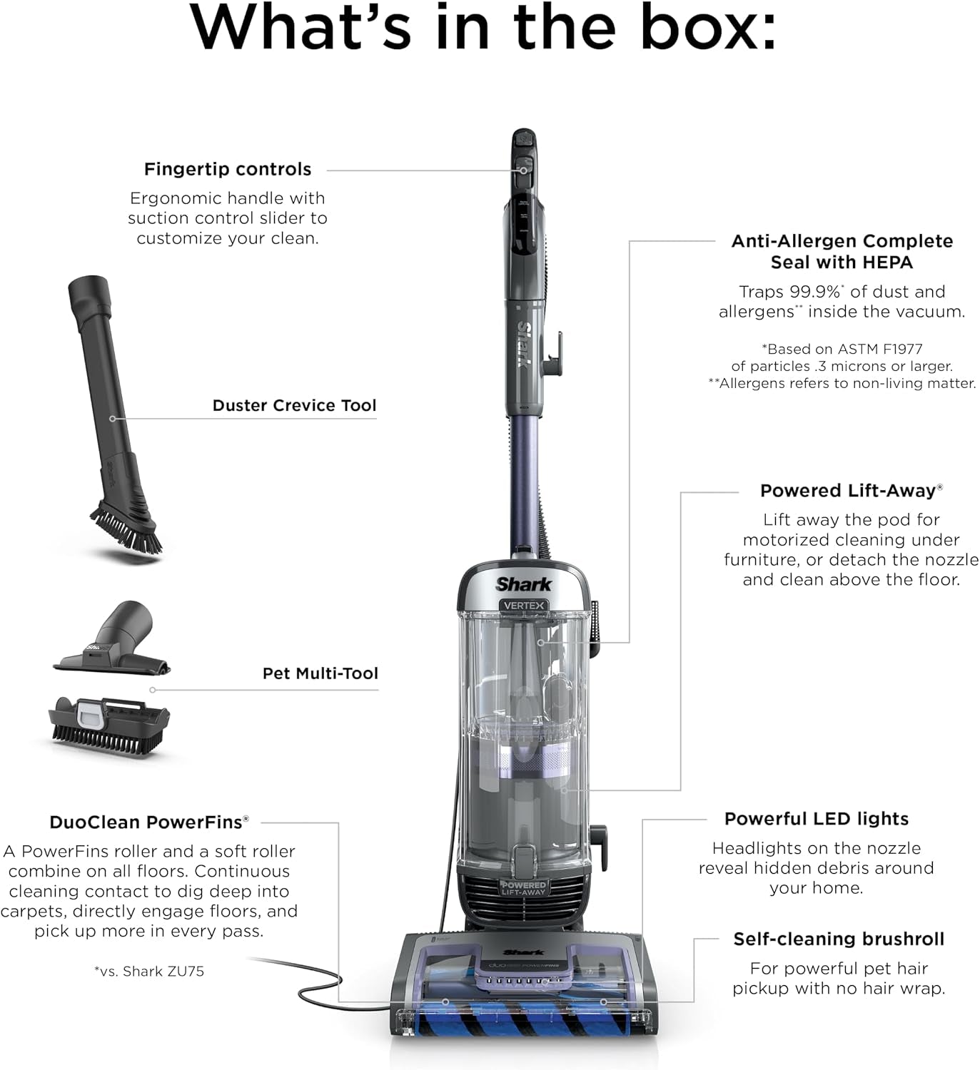 Shark Vertex Duoclean Powerfins Upright Vacuum with Powered Lift-Away & Self-Cleaning Brushroll, 1 QT Dust Cup, Dark Lilac, AZ2001AMZ