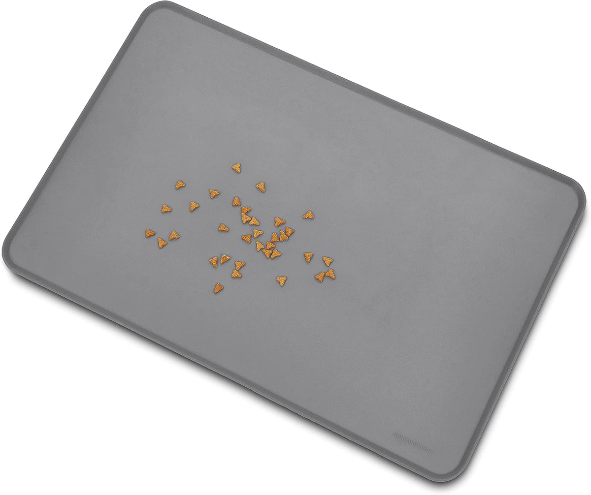 Amazon Basics Waterproof Non-Slip Silicone Pet Food and Water Bowl Mat with Raised Edge, Feeding Placemat to Protect Floors, 24" X 16", Grey