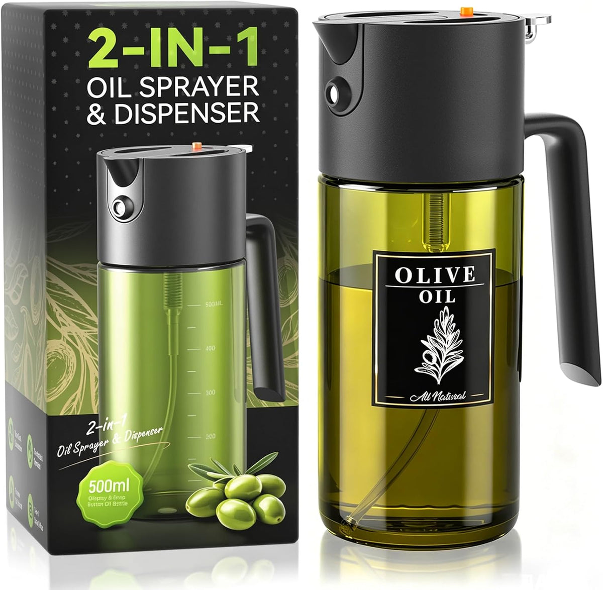 Gelibo 2-IN-1 Oil Sprayer for Cooking,Oil Dispenser for Kitchen,500Ml,Black