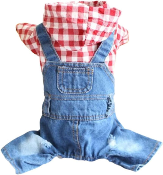 Dog Denim Clothes for Small Medium Dog Boy Girl Plaid Pet Jeans Jumpsuit Cool Blue Cat Hoodies Vintage Puppy Jacket Overalls Chihuahua Hooded Denim Coat (Red Checks, Large)