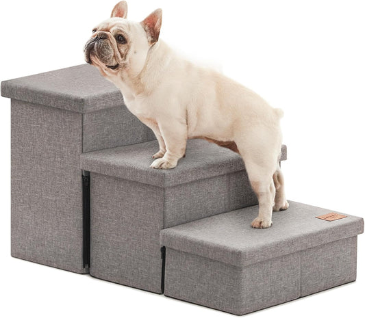 Love'S Cabin Dog Stairs for High Bed, Foldable Pet Stairs for Small Medium or Large Dogs Puppy with Storage for Bed or Couch, Cat Dog Steps Ramp with Zip up to 200 Lbs, Solid Grey, 3 Steps