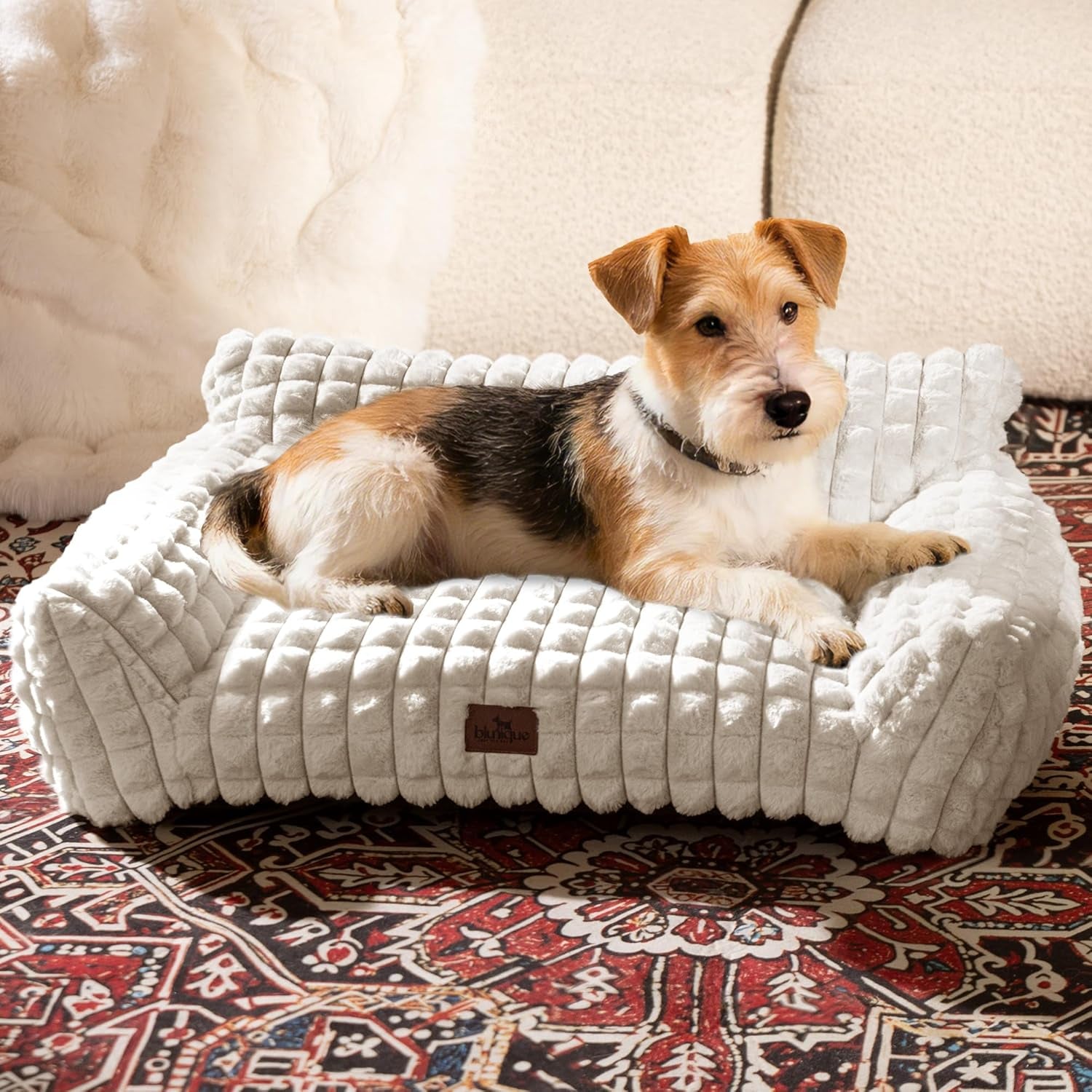 Cute Dog Beds for Small/Medium Dogs/Cats, Washable Dog Sofa Faux Rabbit Fur Pet Bed, Supportive Dog Couch with Removable Zipper Cover for Indoor Cats/Dog, 30 X 20 X10Inch, off White