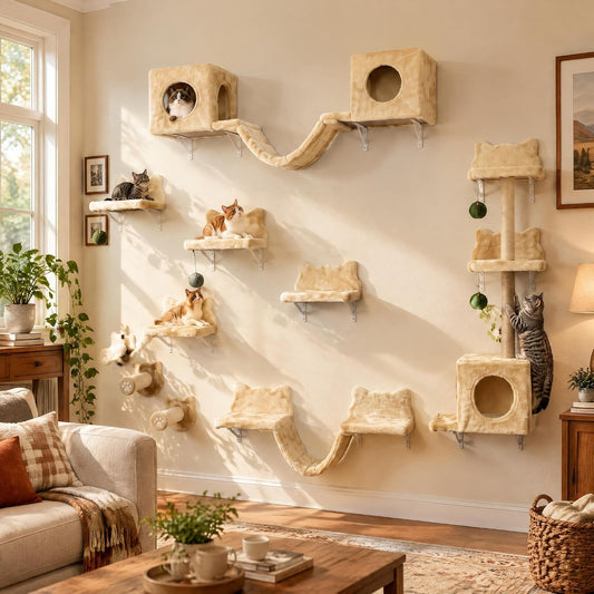 Takywep 18-In-1 Wall Mounted Cat Shelves Set, Modular Climbing Furniture with Perch, Steps & Bridge for Indoor Cats, Beige