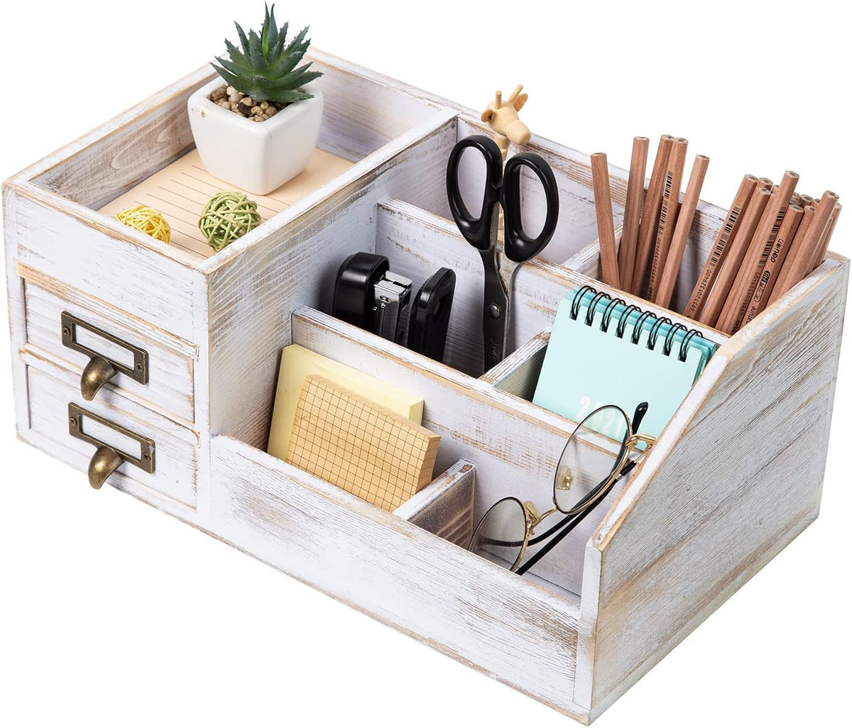 Distressed Rustic Wooden Office Desktop Organizer Shelf Tabletop Home Organizer Storage with Multiple Compartments 2 Tier Drawers Perfect Jewelry Storage Display Box for Desk Vanity (Washed White)