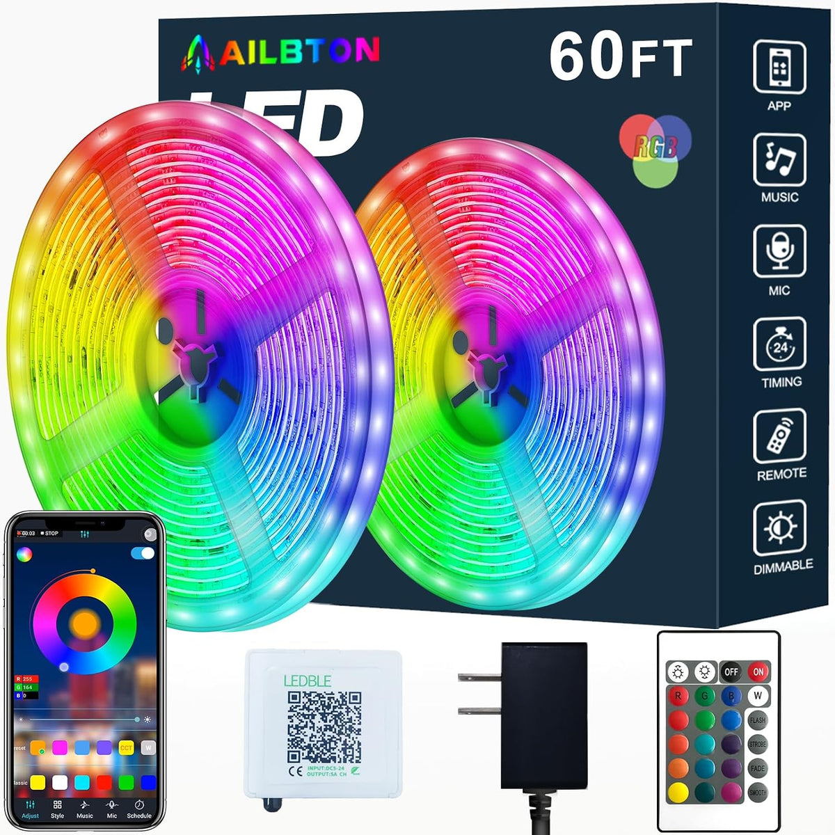 AILBTON Led Strip Lights,60Ft Music Sync Color Changing, Built-In Mic,Bluetooth App Control LED Tape Lights with Remote,5050 RGB Rope Light Strips