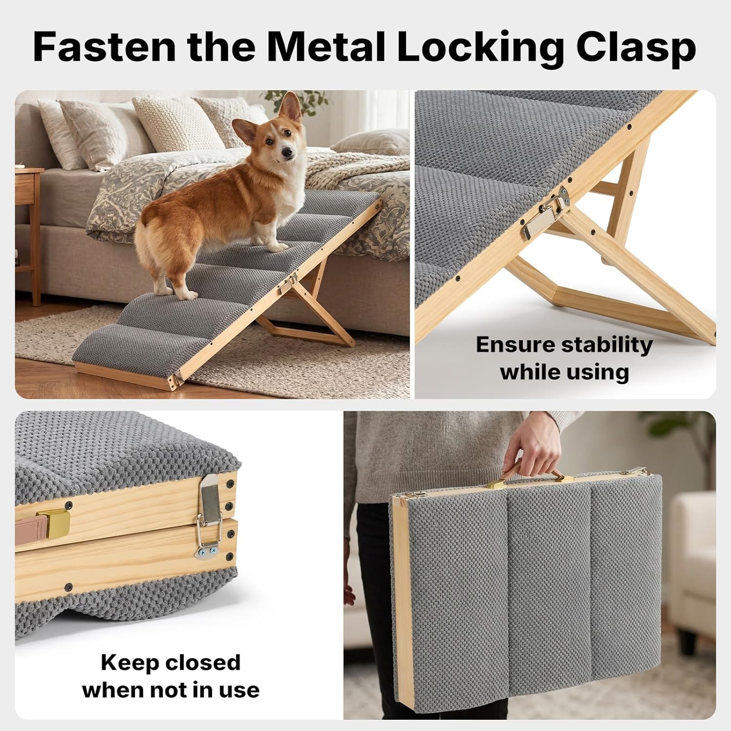 Veehoo Dog Ramp for Bed Couch for Small to Large Dogs, Folding Ramp for Dogs to Get on Bed 4 Adjustable Height from 13.8" to 20.5", Wooden Pet Cat Stairs Doggie Steps with Foam Padding, up to 130Lbs