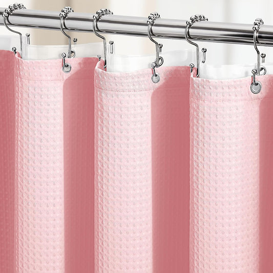 Long Shower Curtain and Liner Set - 78 Inch Tall Waffle Fabric, Waterproof Clear Liner, Heavy Duty Weighted Hotel Luxury Cloth Shower Curtains for Bathroom with 12 Hooks, 72X78, Pink