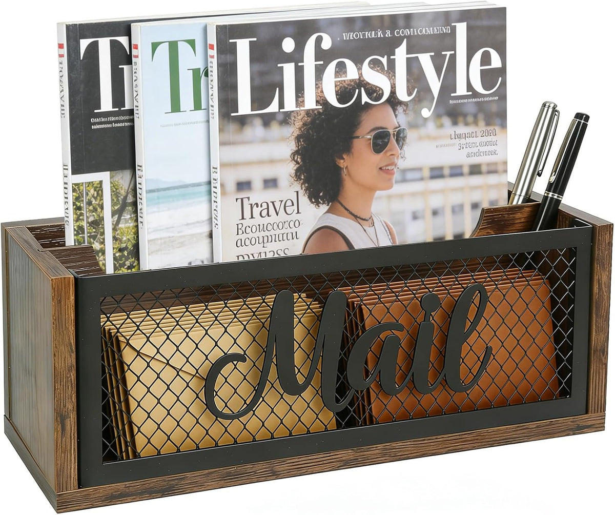 Mail Organizer Countertop, Rustic Farmhouse 2-Slot Wood & Iron Mail Holder, Retro Wall Mounted or Desk Entryway Letter Bill Envelope Sorter, No Assembly