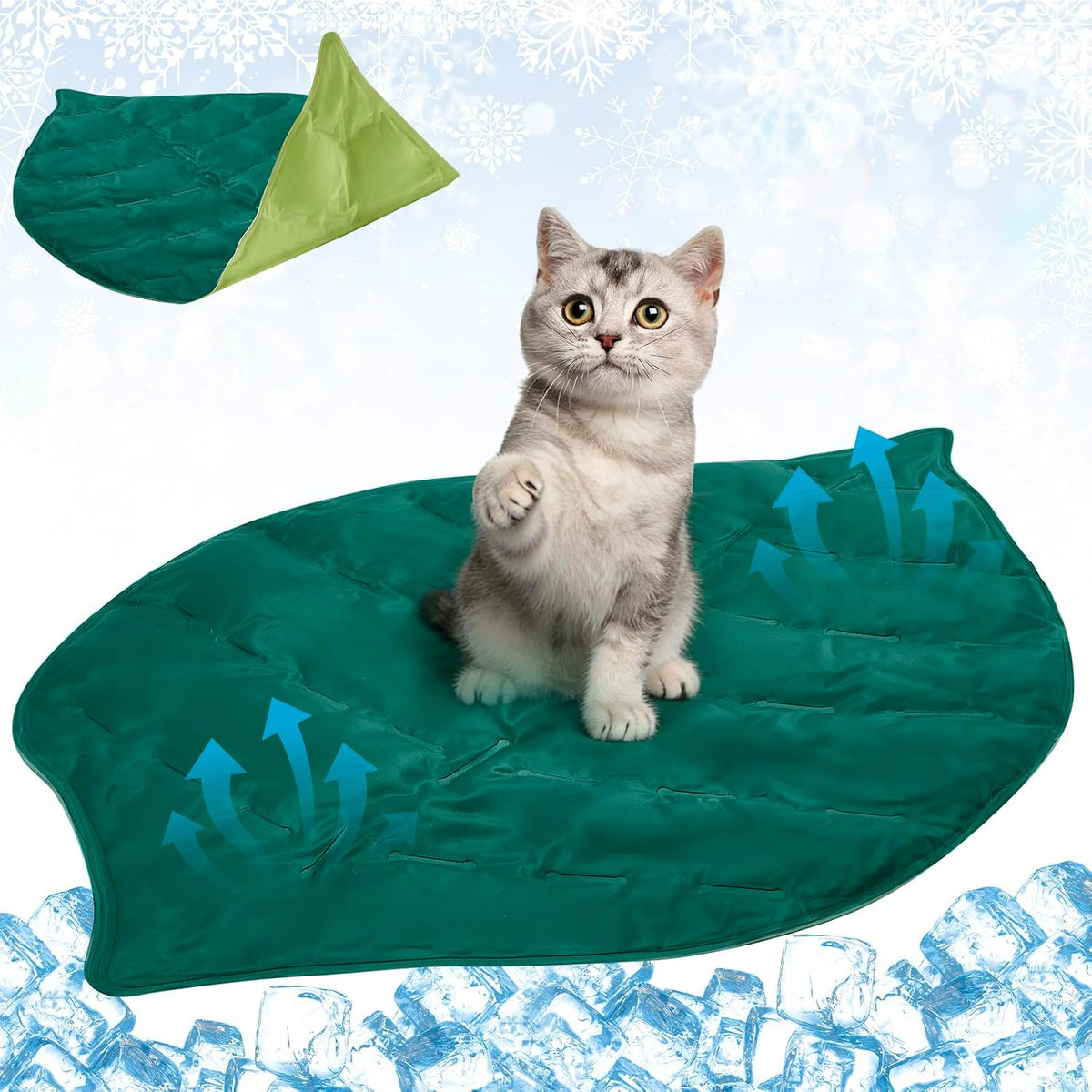 Drydiet Leaf Shaped Cooling Mat for Pets, 27 X 18.5 Inch Reversible Nylon Cooling Bed for Cats and Puppies, Summer Sleeping Blanket Pad for Cage Accessories and Safety Fences, Sage Green