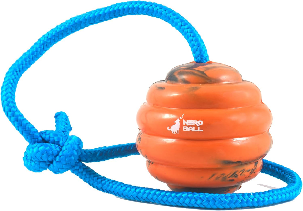 Nero Ball Pro K-9 Dog Training Ball on Rope – 2.75″ Heavy-Duty Natural Rubber Reward & Tug Toy with Nylon Throw Handle – High-Visibility Orange – Police, Military & Sport Working Dogs Fetch