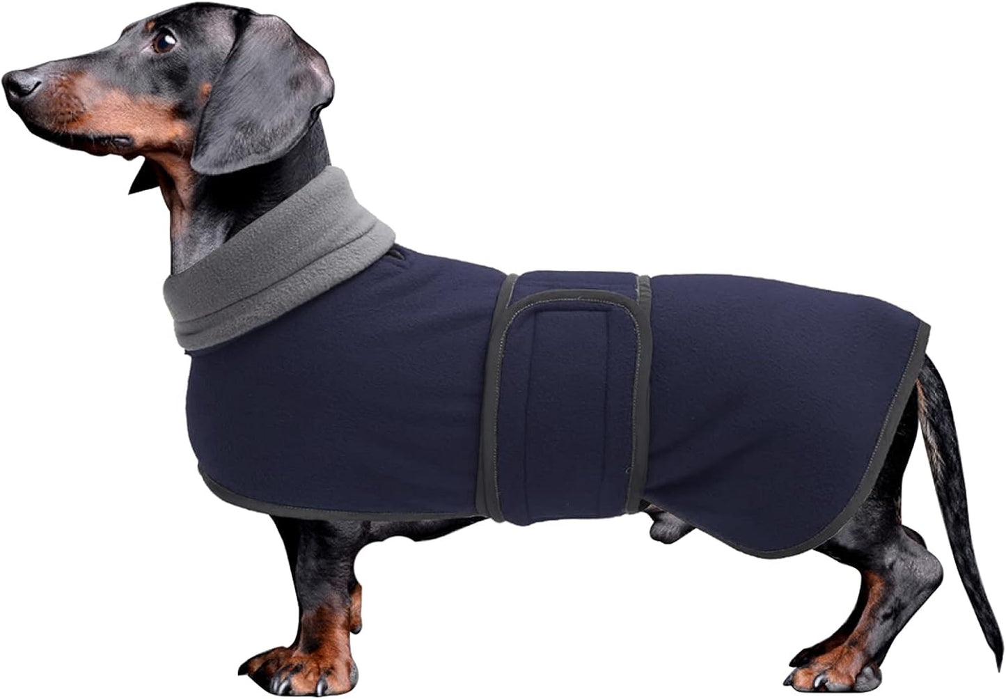 Dachshund Coats Sausage Dog Fleece Coat in Winter Miniature Dachshund Clothes with Hook and Loop Closure and High Vis Reflective Trim Safety - Navy - S