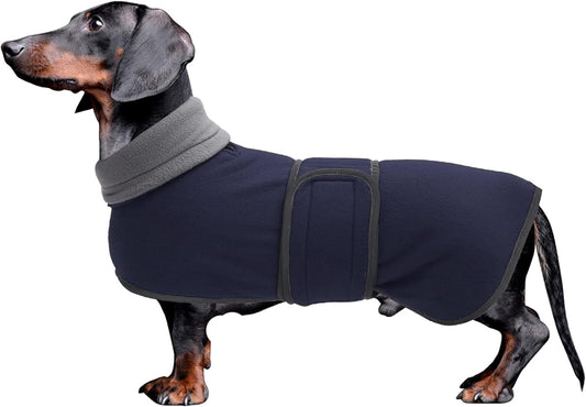 Dachshund Coats Sausage Dog Fleece Coat in Winter Miniature Dachshund Clothes with Hook and Loop Closure and High Vis Reflective Trim Safety - Navy - S