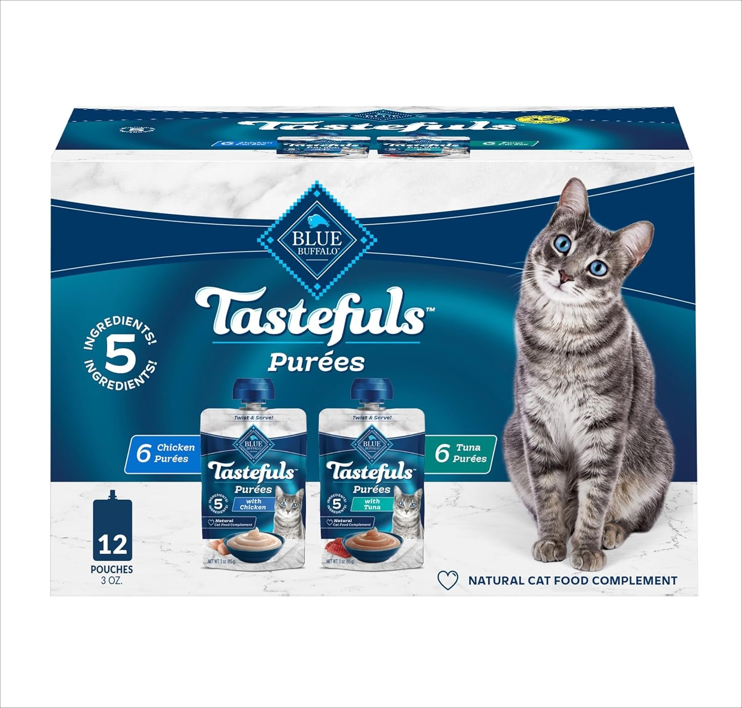 Blue Buffalo Tastefuls Purées Variety Pack, Natural Cat Food Complement, Resealable Twist Cap Pouches, Chicken and Tuna, 3-Oz (12 Count, 6 of Each Flavor)