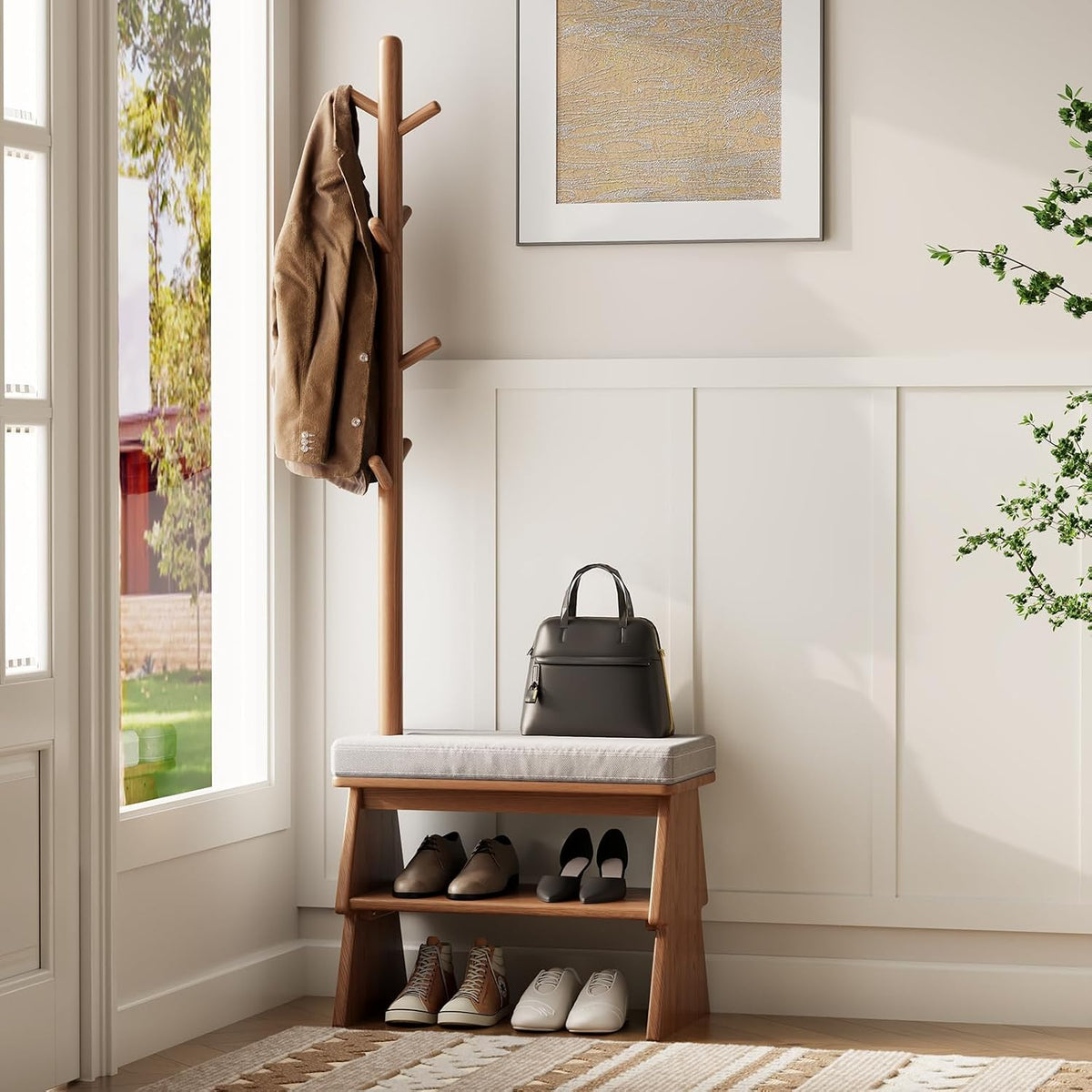Coat Rack with Shoe Storage, Shoe Rack with 8 Hook, Walnut