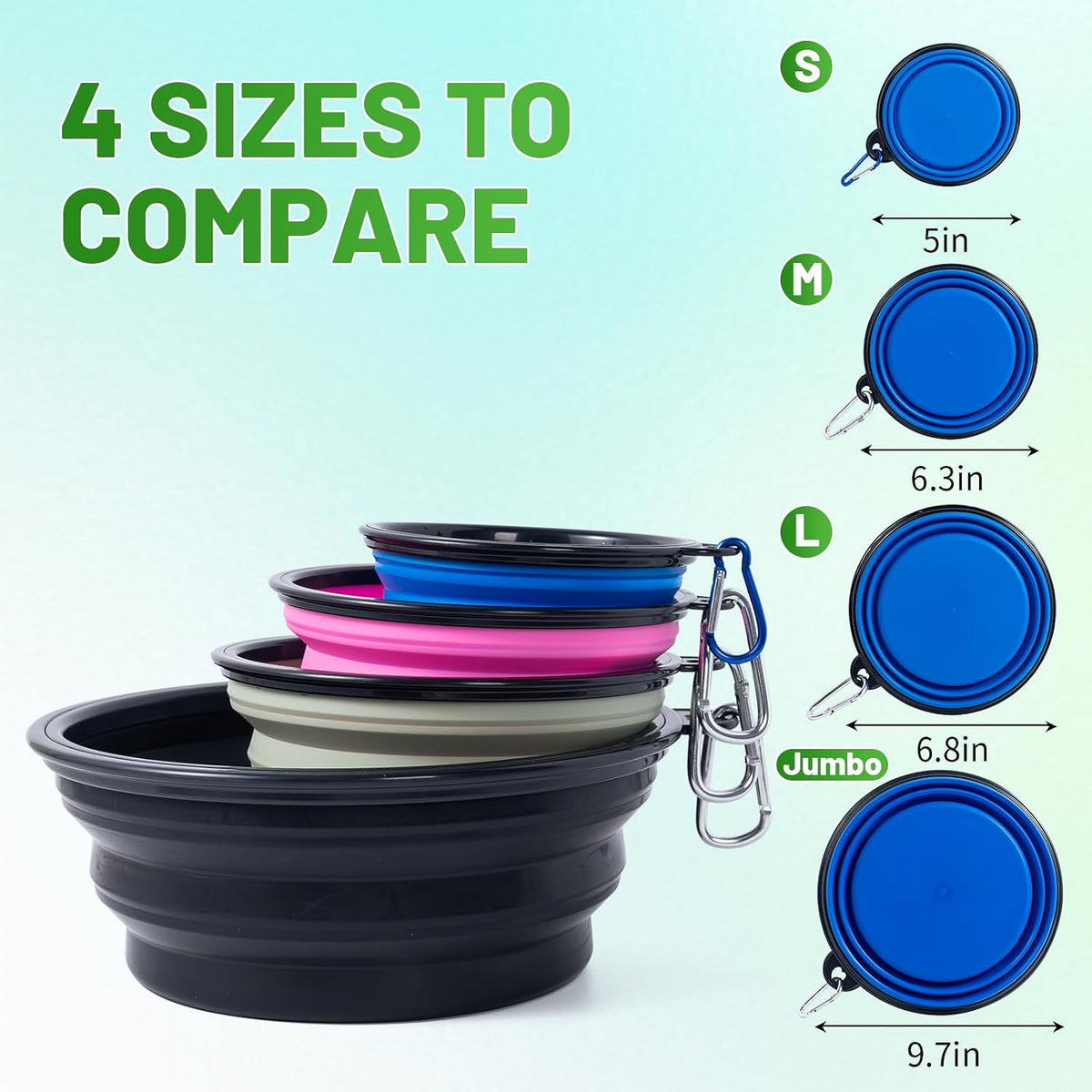 Dog Bowl Pet Collapsible Bowls, 2 Pack Collapsible Dog Water Bowls for Cats Dogs, Portable Pet Feeding Watering Dish for Walking Parking Traveling with 2 Carabiners (Blue+Green, Medium)