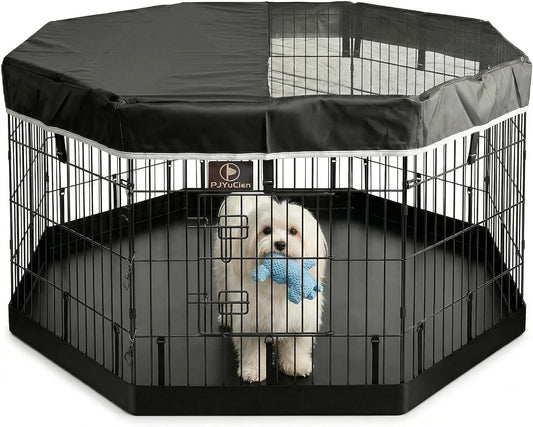Pjyucien Dog Playpen with Top Cover and Bottom Pad - Metal Foldable Exercise Pen, 8 Panels 24" H X 24" W Indoor Outdoor Pet Fence Puppy Crate Kennel, Black