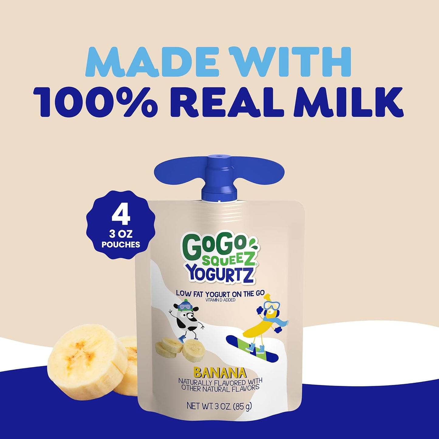 Gogo Squeez Yogurtz Banana, 3 Oz (Pack of 4), Kids Snacks Made from Real Yogurt and Fruit, Pantry Friendly, No Fridge Needed, Gluten Free and Nut Free, Recloseable Cap, BPA Free Pouches