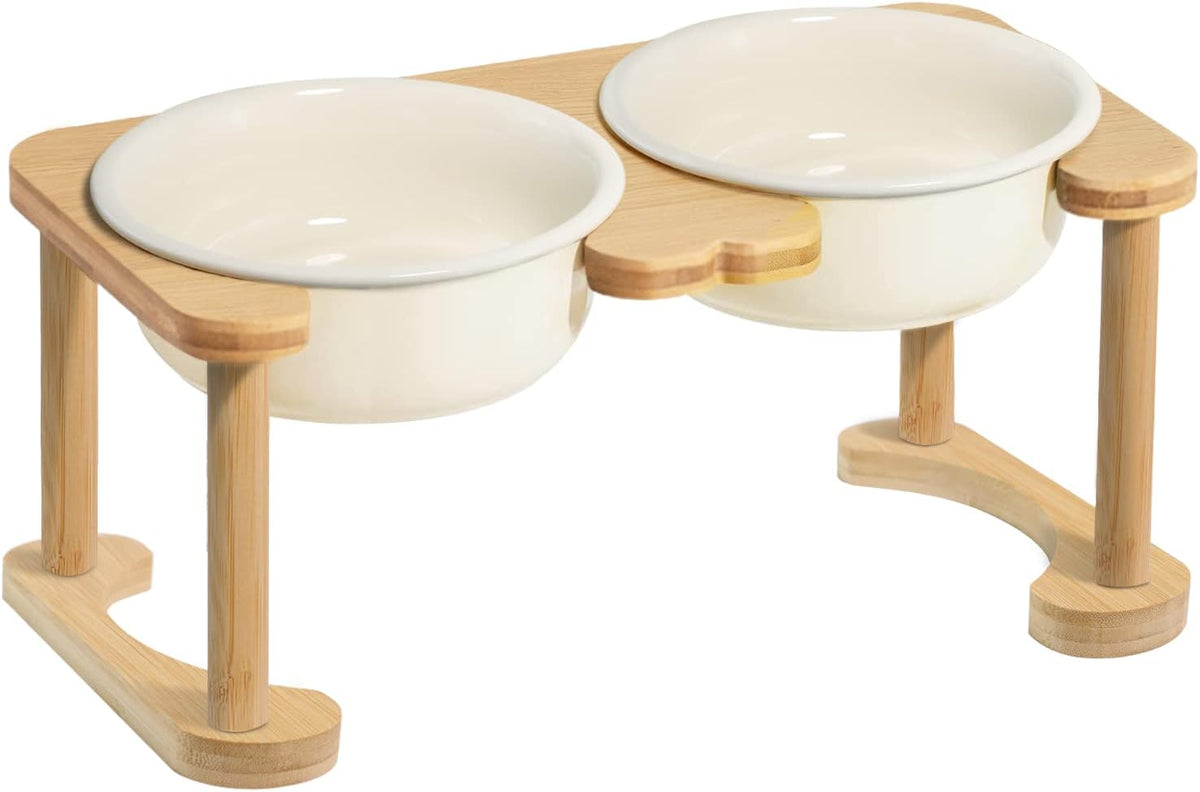 Elevated Ceramic Dog Bowl with Stand, Raised Food and Water Feed Set, Beige