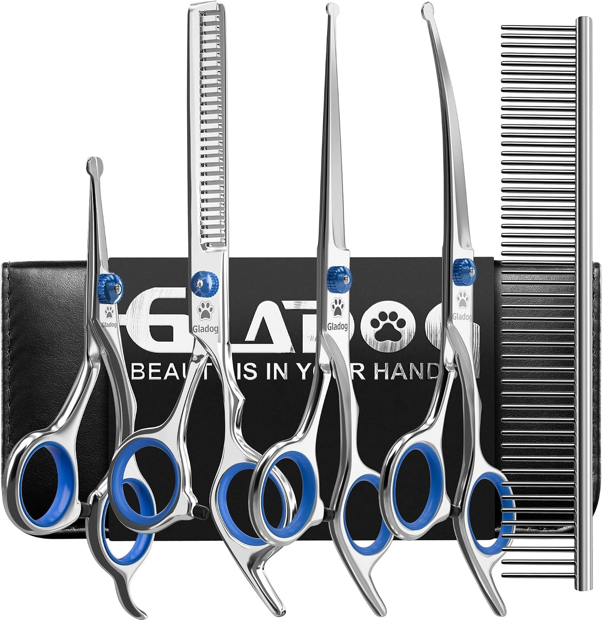 Dog Grooming Scissors Kit with Safety round Tips, GLADOG Professional 6 in 1 Grooming Scissors for Dogs, Sharp and Heavy-Duty Dog Grooming Shears for Dogs Cats Pets