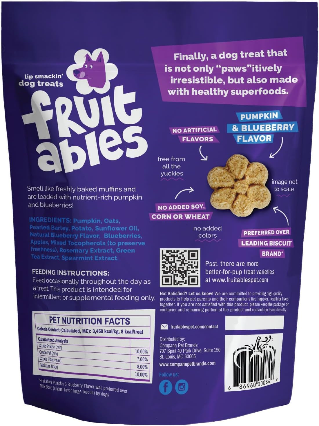 Fruitables Baked Dog Treats, Healthy Pumpkin Treat for Dogs, Low Calorie & Delicious, No Wheat, Corn or Soy, Made in the USA, Pumpkin and Blueberry Flavor, 12Oz