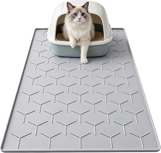 Garoopion Silicone Cat Litter Mat 34×22 Inch, Easy to Clean, Gray
