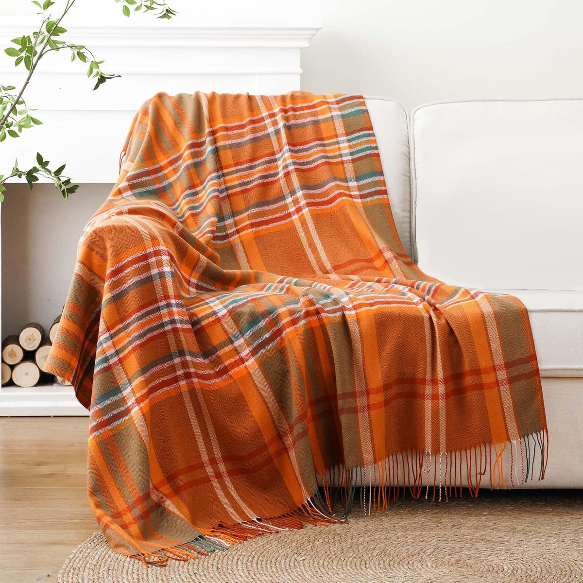 Orange Plaid Throw Blanket for Couch, Fall Throw Blanket 50"X60" Fall Decor