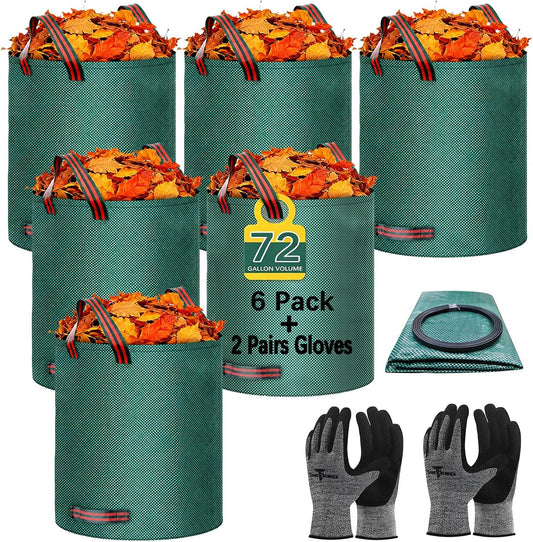 6 Pack 72 Gallon Leaf Bags Reusable Yard Waste Bags Lawn Bags,1 Pairs of Gardening Gloves Are Included,Suitable for Camping Yards, Can Cleaning Debris, Leaves,Grass Clippings