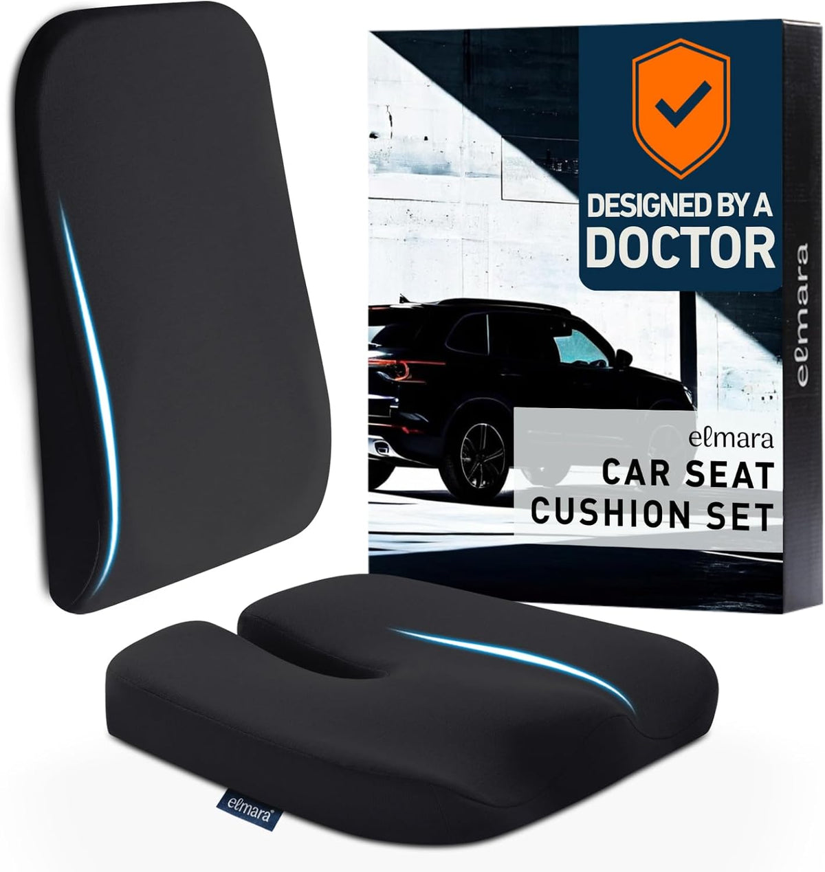 Elmara Doctor-Designed Car Seat Cushions for Driving – Car Seat Back Support, Driver Seat Cushion and Back Cushion for Car, Pillow for Driving Seat – the Ultimate Comfort Solution for Cars (Black)