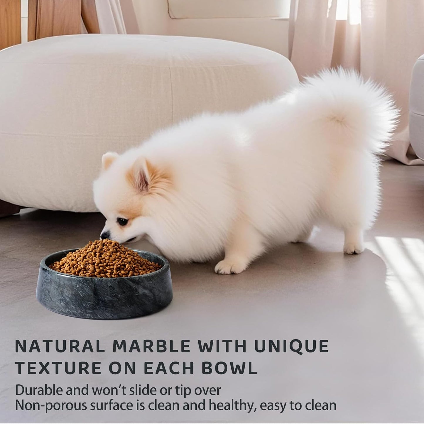 SAMAH Black Marble Dog Bowl, Non-Slip Non-Tipping Heavy Dog Food Bowl, Large Weighted Stone Dish, Natural Marble Pet Water Bowl, Easy to Clean, Present for Cat & Dog Lovers, Holds 6 Cups(6 Lbs)