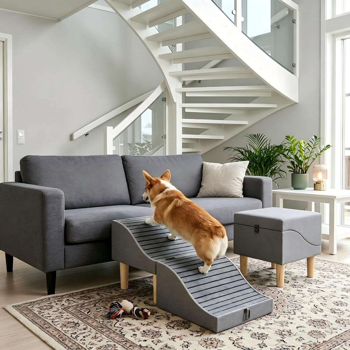 OWNKOTI Foldable Pet Stair for Cat and Dog, Living Room Stool 2-In-1, Gray