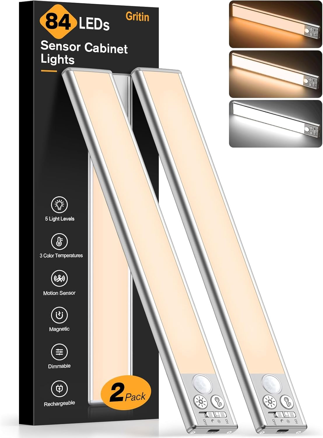 Gritin 10.2Inch under Cabinet Lighting Rechargeable 2 Pack