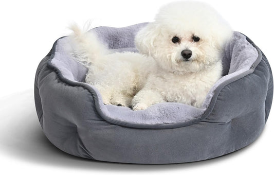 Amazon Basics round Dog Bed for Small Dogs, Cat Beds for Indoor Cats, Washable Puppy Bed with Soft Plush Cushion, Anti-Slip Bottom, 20X19X6 Inches, Gray