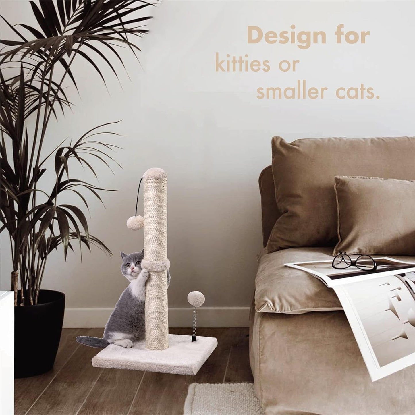 MECOOL Cat Scratching Post Premium Basics Kitten Scratcher Sisal Scratch Posts with Hanging Ball 22In for Kittens or Smaller Cats (22 Inches for Kitten, Beige)