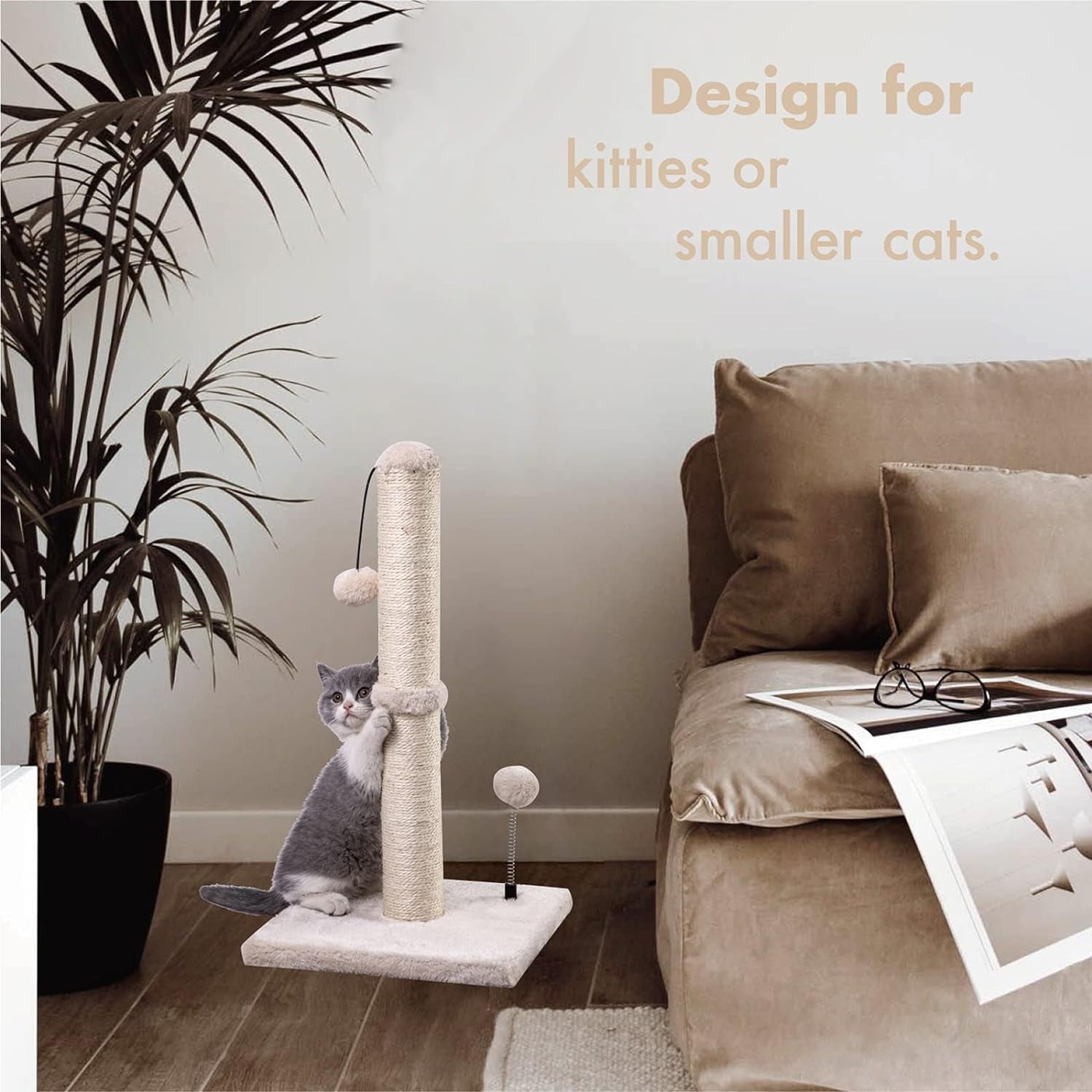 MECOOL Cat Scratching Post Premium Basics Kitten Scratcher Sisal Scratch Posts with Hanging Ball 22In for Kittens or Smaller Cats (22 Inches for Kitten, Beige)