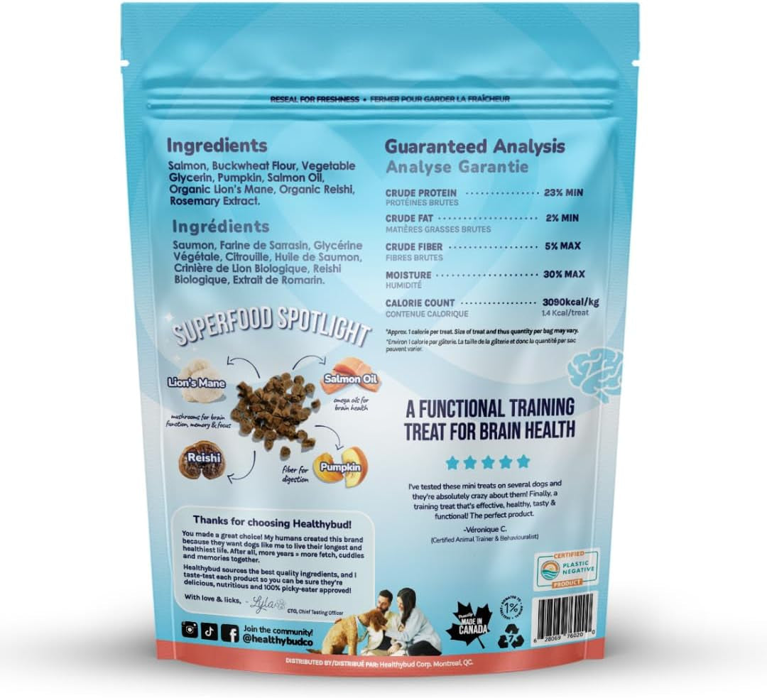 Healthybud Mini Salmon Dog Training Treats – Soft Low Calorie Bites (1 Kcal Each) – 500+ Tiny Rewards for Puppies & Small Dogs – Salmon Oil, Lion’S Mane & Reishi – Grain Free – Made in Canada – 6.5 Oz