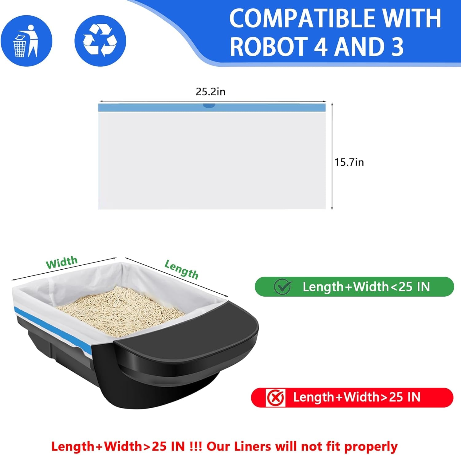80 Count Cat Litter Box Liner for Automatic Cat Litter Box and Litter Box Robot 5/4/3, Heavy-Duty Tear-Free Drawstring Receptacles Bags Thickened Waste Bags, 25.2 X 15.7 IN