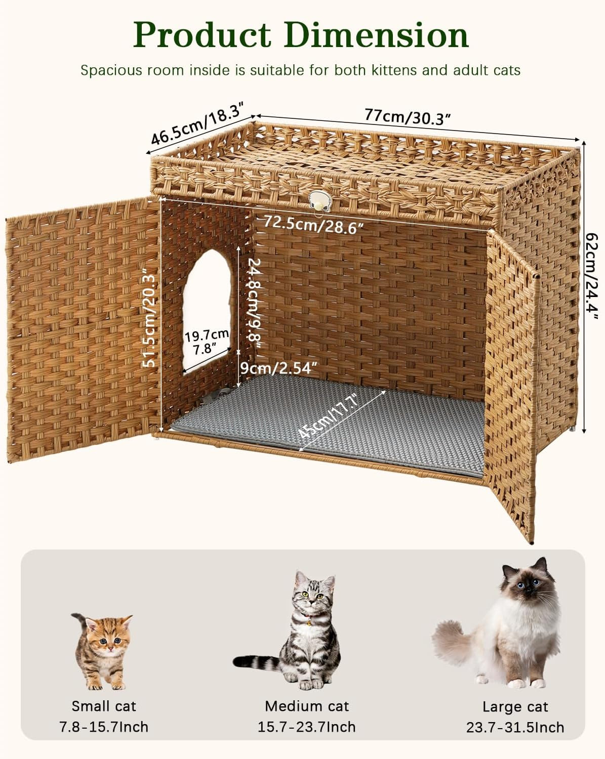 SETVSON Cat Litter Box Enclosure Furniture, Handwoven Rattan Hidden Litter Box with Mat, Large Space Cat House with 2 S-Shaped Hooks 30.3 X 18.3 X 24.4 Inches, Indoor for Living Room Apartment Natural