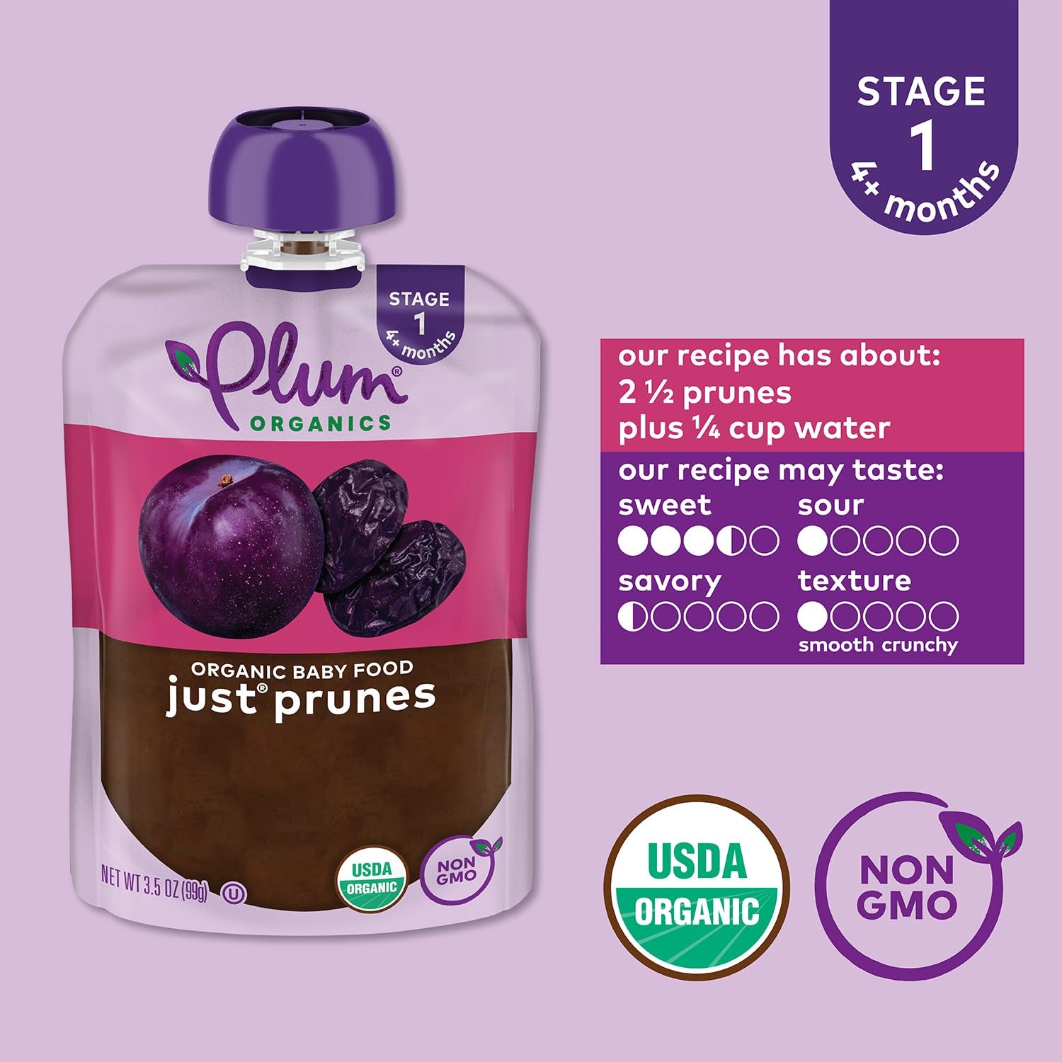 Plum Organics - 4+ Months Organic Baby Food Pouches - Just Punes - Non-Gmo - Fruit & Veggie Blends On-The-Go Pouches for Baby & Toddler Meals - Quality Tested Ingredients - 3.5 Oz (Pack of 12)
