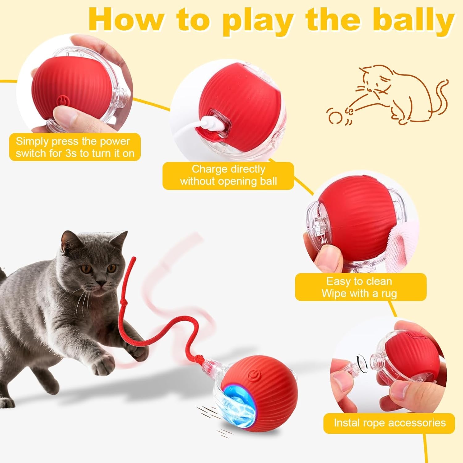 2-Pack USB Rechargeable Smart Cat Toy Ball, 360° Rotation Automatic Moving Chase Toy, Obstacle Avoidance Interactive Play with 4 Spiral Springs, Enrichment Toys for Indoor Cats, Puppies & Small Dogs