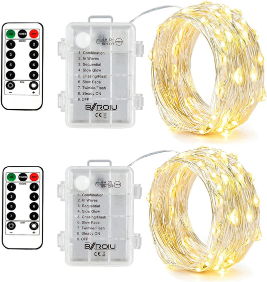 2 X Fairy Lights Battery Operated, 8 Mode 50 Leds Remote & Timer Warm White