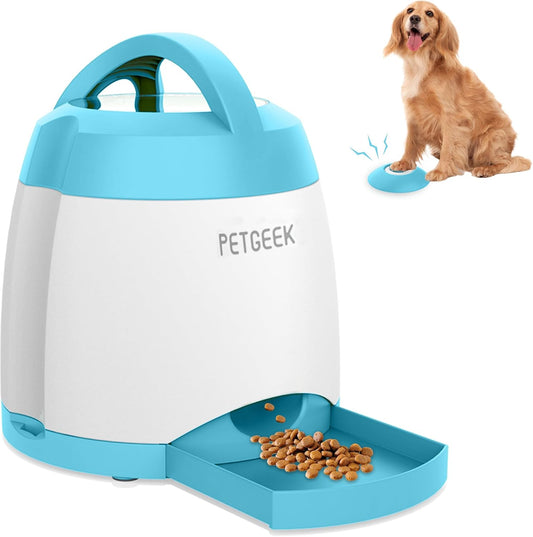 PETGEEK Automatic Dog Feeder/Treat Dispenser with Rechargeable Button Remote Control, Interactive Dog Food Puzzle & Stimulation Toys, 400Ml Capacity Pet Dispensing Toy for Indoor/Outdoor Play