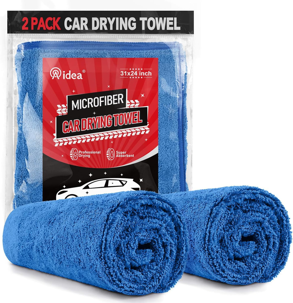 AIDEA Microfiber Towels for Cars-2Pk, Large Professional Car Drying Towel, Scratch-Free & Absorbent Drying Towel for Cars, Suvs, Rvs, Trucks, and Boats, 24Inx 31In, Blue