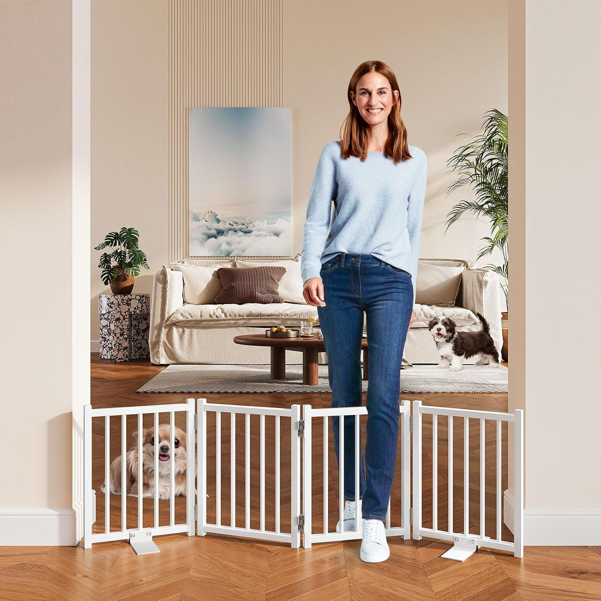 Snughome Short Dog Gate Indoor, 16" High Freestanding Small Dog Door Gates with Support Feet, Expands up to 48’’ Wide Foldable Pet Gate for Doorway, 4 Panel Folding Pet Door Pet Fence for Puppy, White