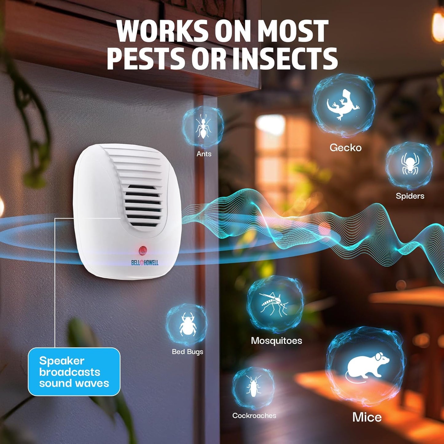 Bell + Howell Ultrasonic Pest Repeller Home Kit (Pack of 4), Ultrasonic Pest Repeller, Pest Repellent for Home, Bedroom, Office, Kitchen, Warehouse, Hotel