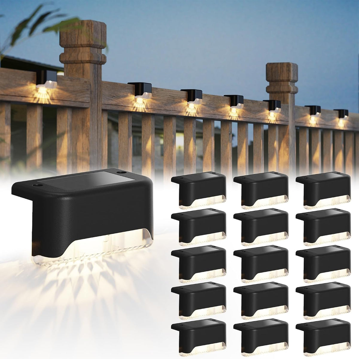 JACKYLED Solar Deck Lights, 16 Pack IP65 Waterproof Solar Fence Step Light