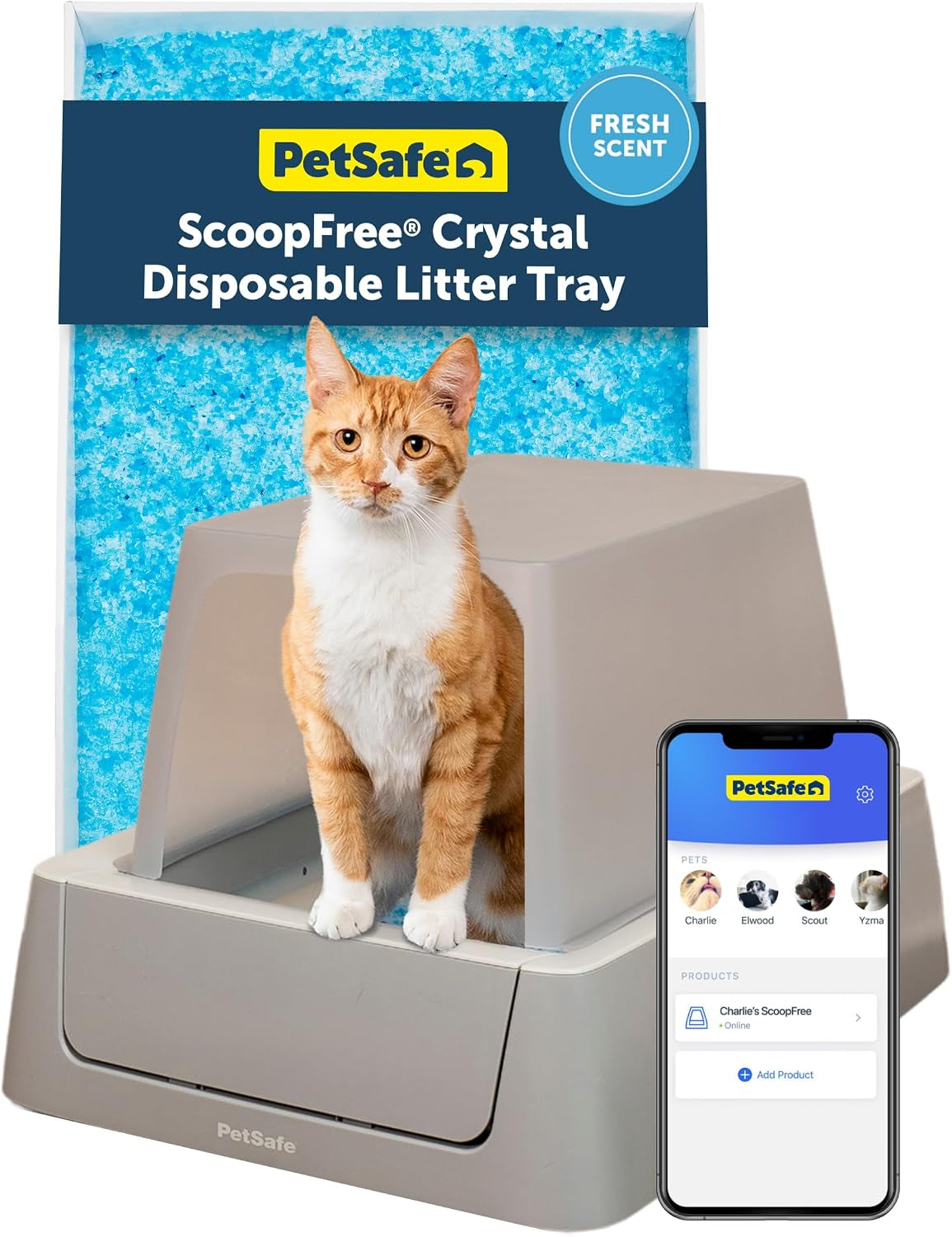Petsafe Scoopfree Crystal Smart Self-Cleaning Automatic Litter Box - Front Entry - Covered Motion-Sensing Cat Box with Integrated Health Counter & App - Includes 1 Disposable Crystal Litter Tray